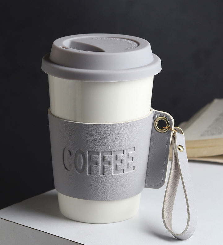 Brewster Ceramic Coffee Tumbler with Leather Wrap Grey view 1