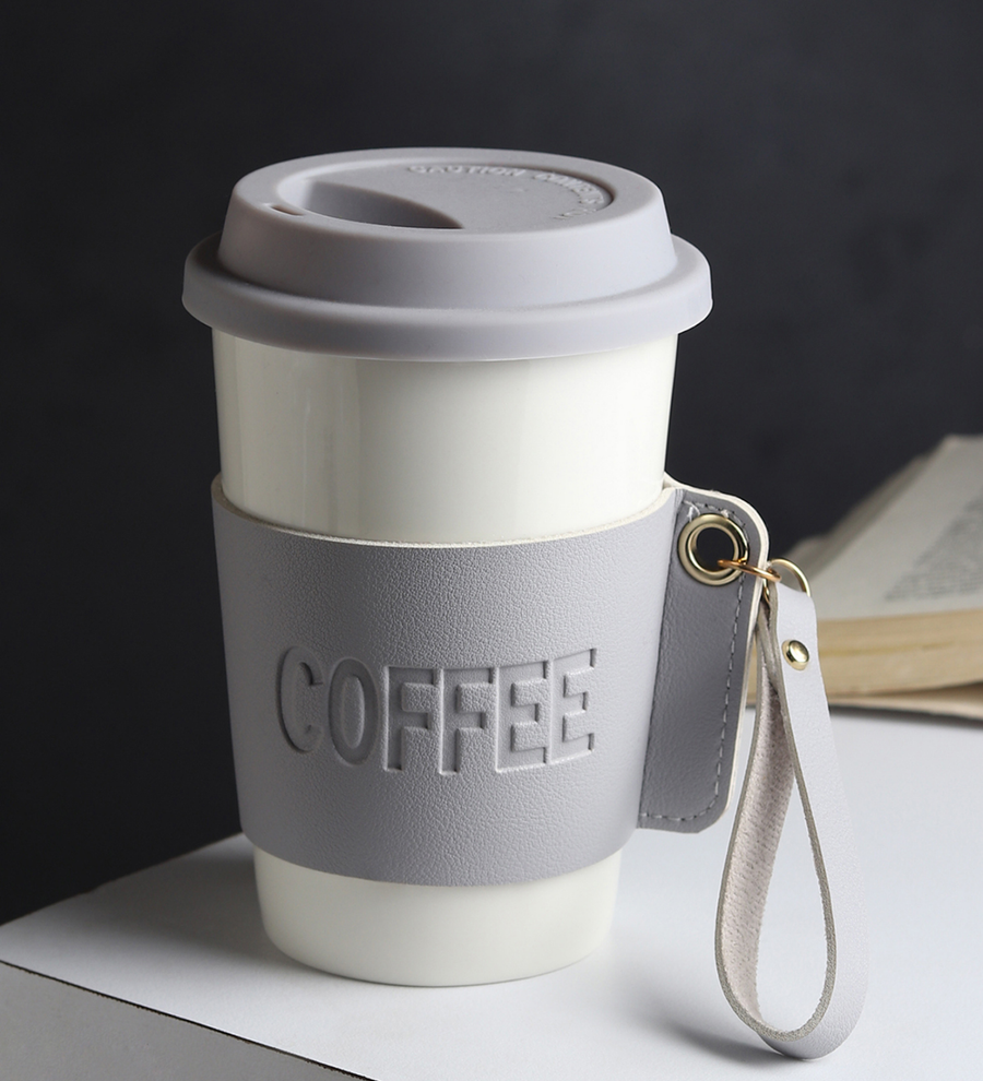 Brewster Ceramic Coffee Tumbler with Leather Wrap Grey view 1