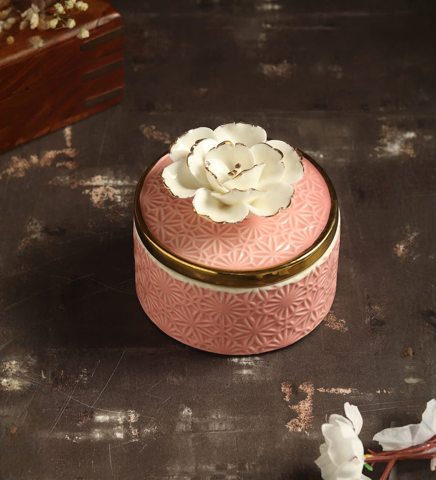 Cherish Rose Porcelain Trinket Box in Pink and Gold view 1