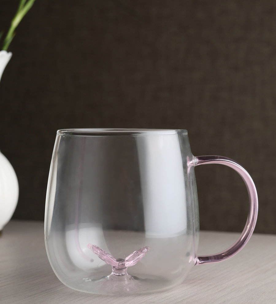 Titli Lyla Butterfly Glass Mug with Pink Handle view 1