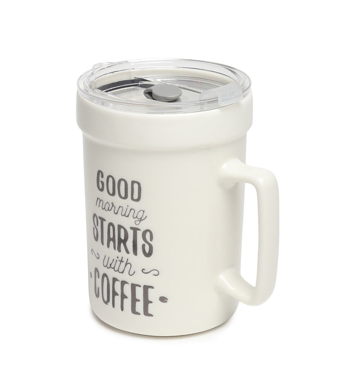 Percy White Ceramic Coffee Mug with Cafe Inscription Good Things Start With Coffee view 4