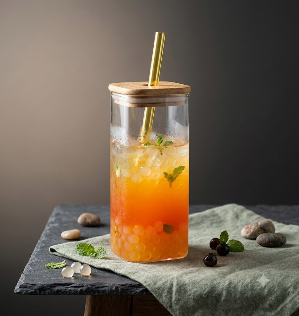 Square Glass Tumbler with Wooden Lid in crystal glass, 330 ml