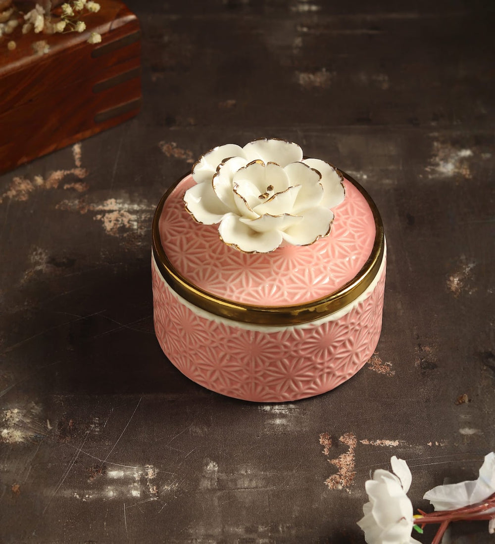 Cherish Rose Porcelain Trinket Box in Pink and Gold view 2