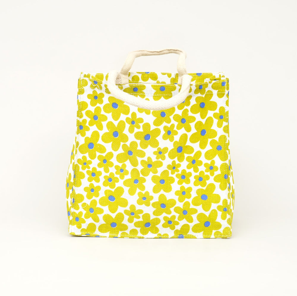 Yellow Floral Print Jute Lunch Bag, View 2