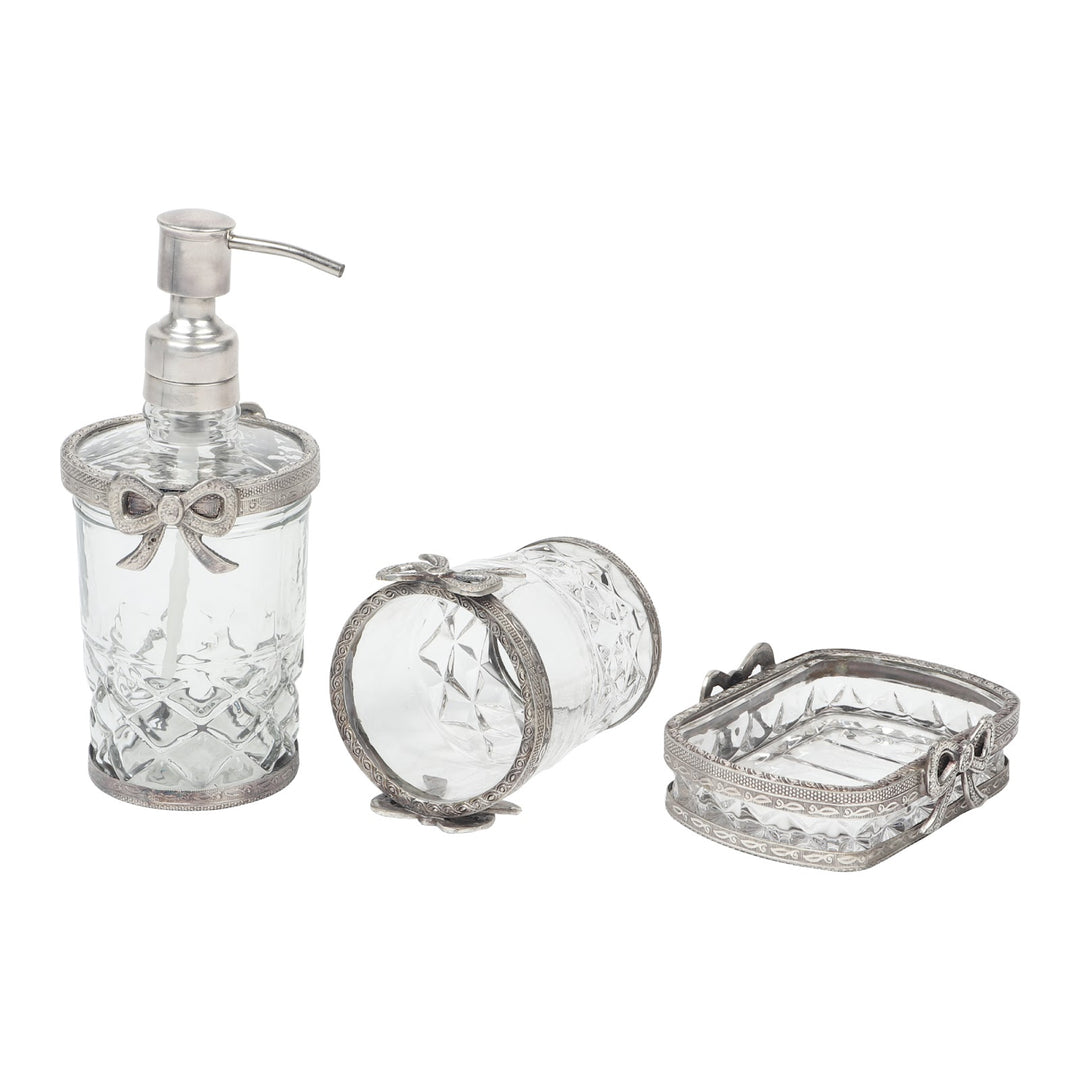 Expobazaar Bow-Tied Glass Bathroom Silver Set