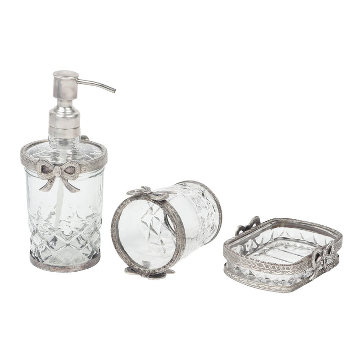 Expobazaar Bow-Tied Glass Bathroom Silver Set