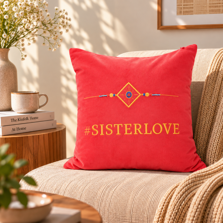 Rakhi Embroidered Velvet Cushion 30 cm, #SISTER LOVE, view 4