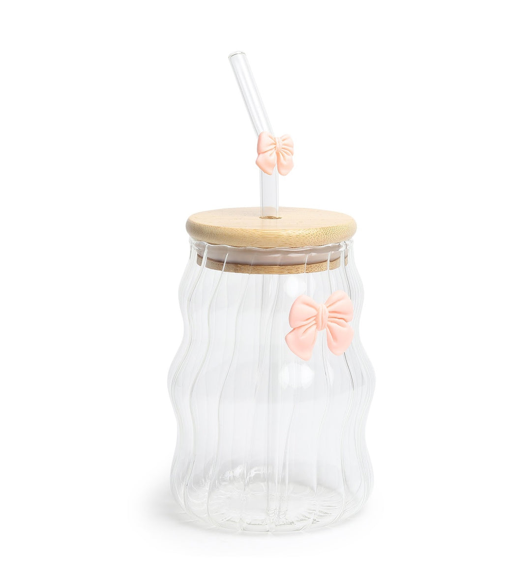 Taffy Wavy Glass Tumbler with Wooden Lid and Straw Pink view 5