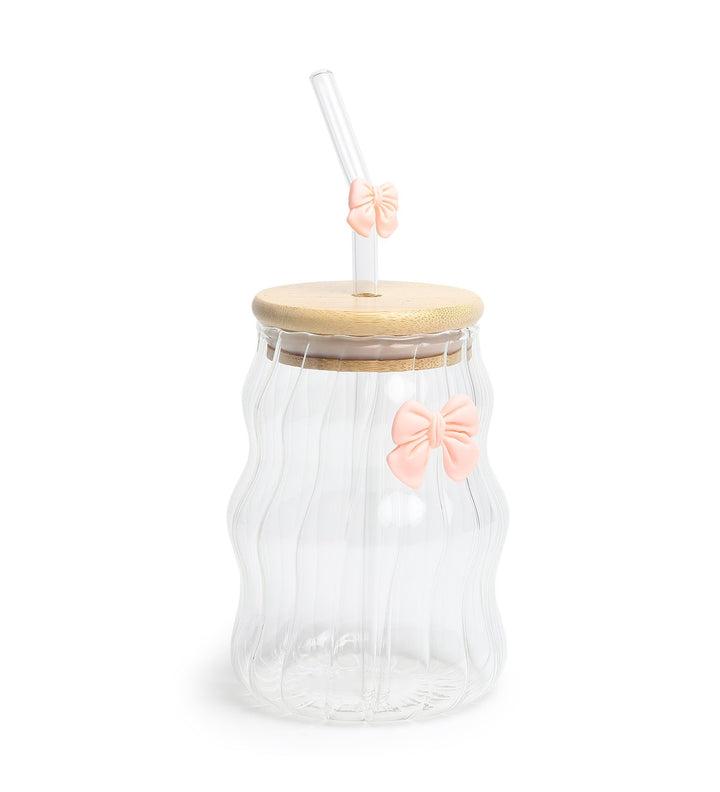 Taffy Wavy Glass Tumbler with Wooden Lid and Straw Pink view 5