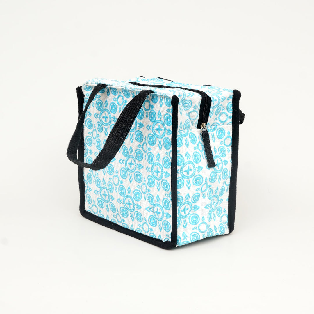 Express Jute Lunch Bag, Aqua and White Print, View 3