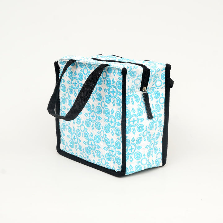 Express Jute Lunch Bag, Aqua and White Print, View 3