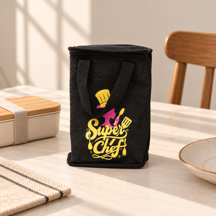 Insulated Jute Lunch Bag, Super Chef Print, View 6