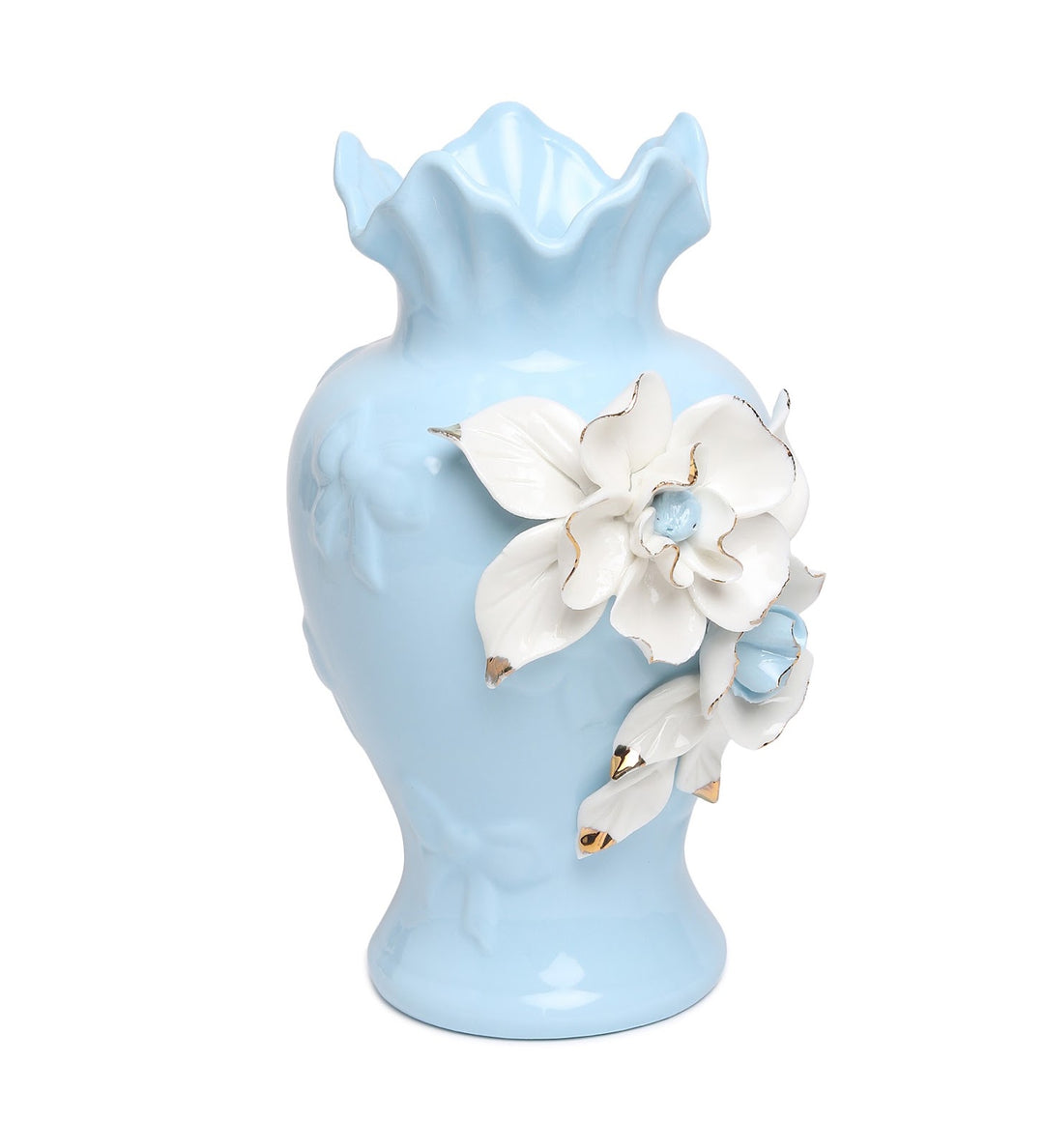 Elodie Fleur Ruffled Rim Porcelain Vase with Gold Detail Blue view 6