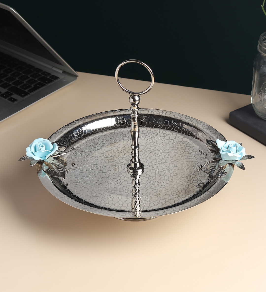 Petal Eclat Stainless Steel Cake Stand with Floral Accent Blue view 1
