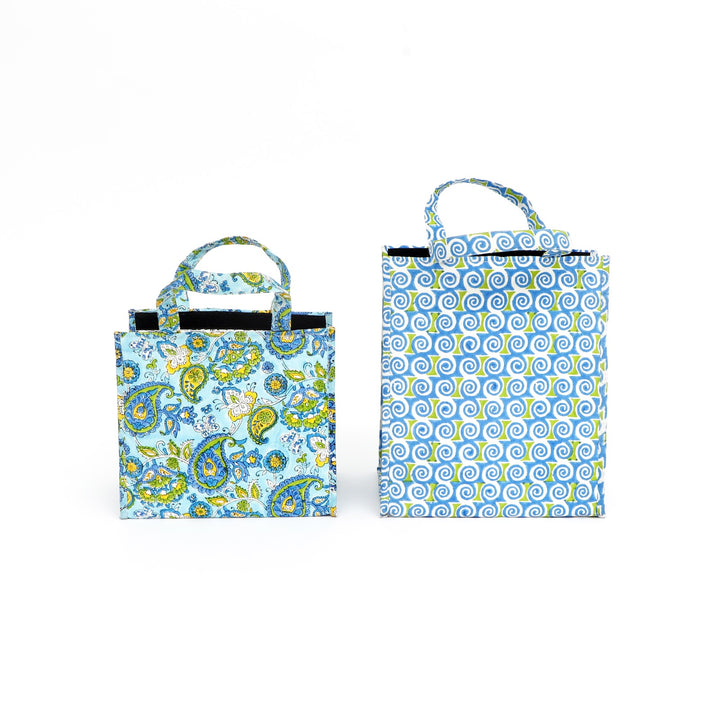Insulated Cotton Lunch Bag Set of 2, Blue Paisley Spiral