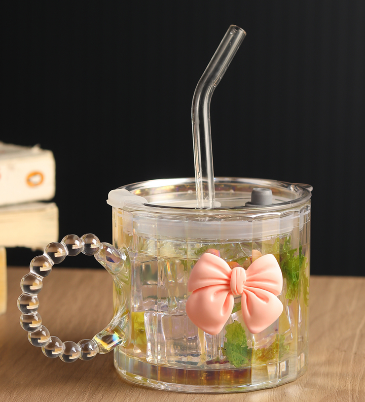 Colette Ribbed Glass Tumbler with Bow, Lid and Straw Pink view 2