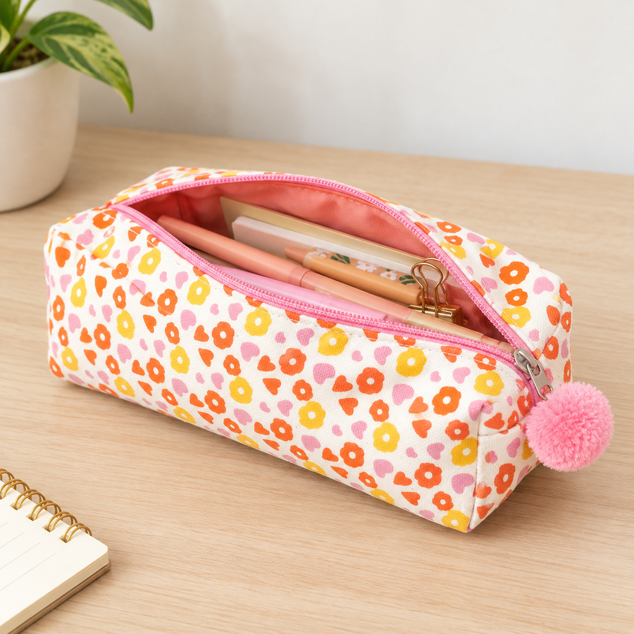 Floral Print Fluffy Pouch with Pom Pom, View 6