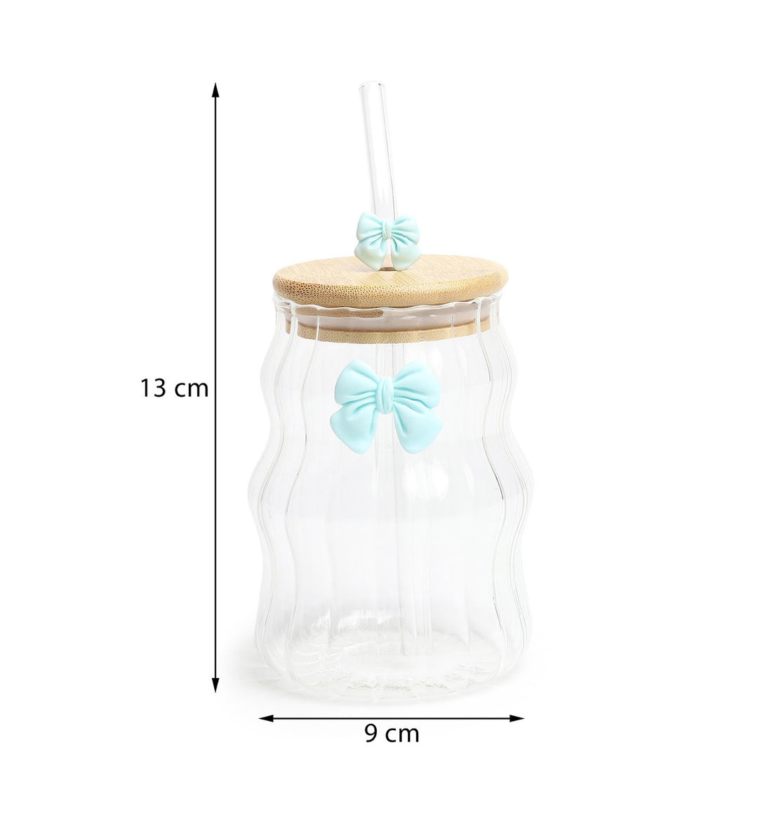 Taffy Wavy Glass Tumbler with Wooden Lid and Straw Blue view 3