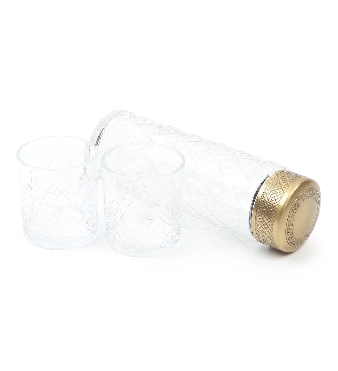 Brass Verre Diamond Cut Glass Bottle and 2 Glasses Set view 5