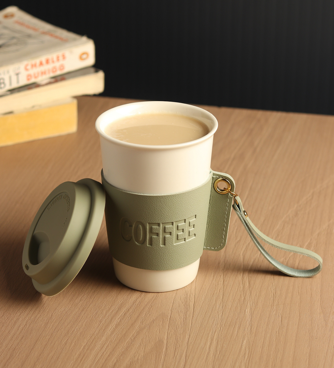 Brewster Ceramic Coffee Tumbler with Leather Wrap Green view 2