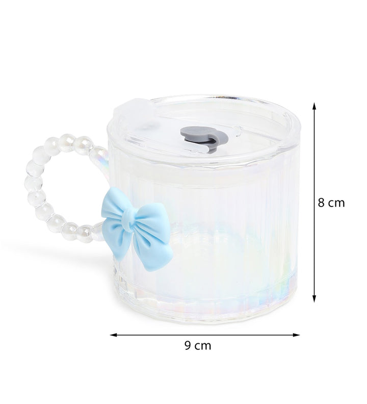Colette Ribbed Glass Tumbler with Bow, Lid and Straw Blue view 3