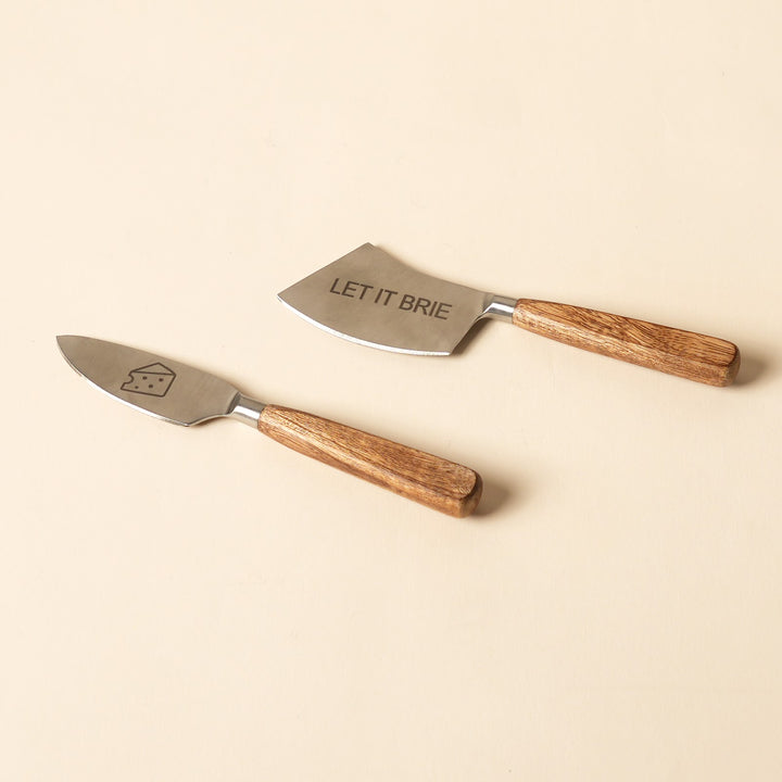 Etched steel and wood cheese knife set