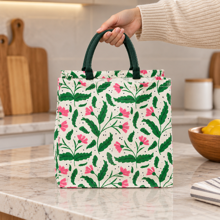 Floral Print Jute Lunch Bag