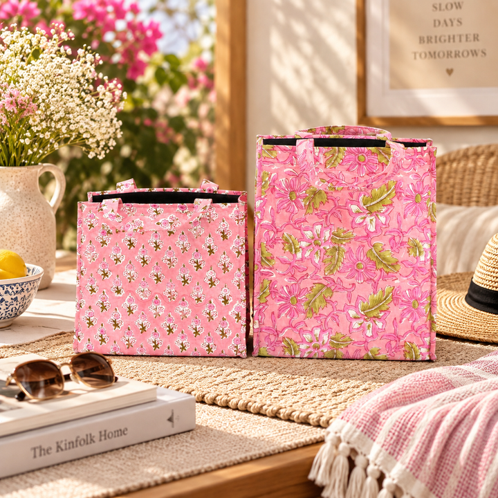 Insulated Cotton Lunch Bag Set of 2, Pink Paisley Floral, view 8