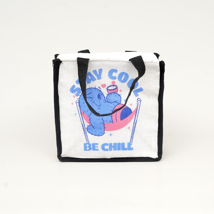Express Jute Lunch Bag, Stay Cool Be Chill Print, View 2