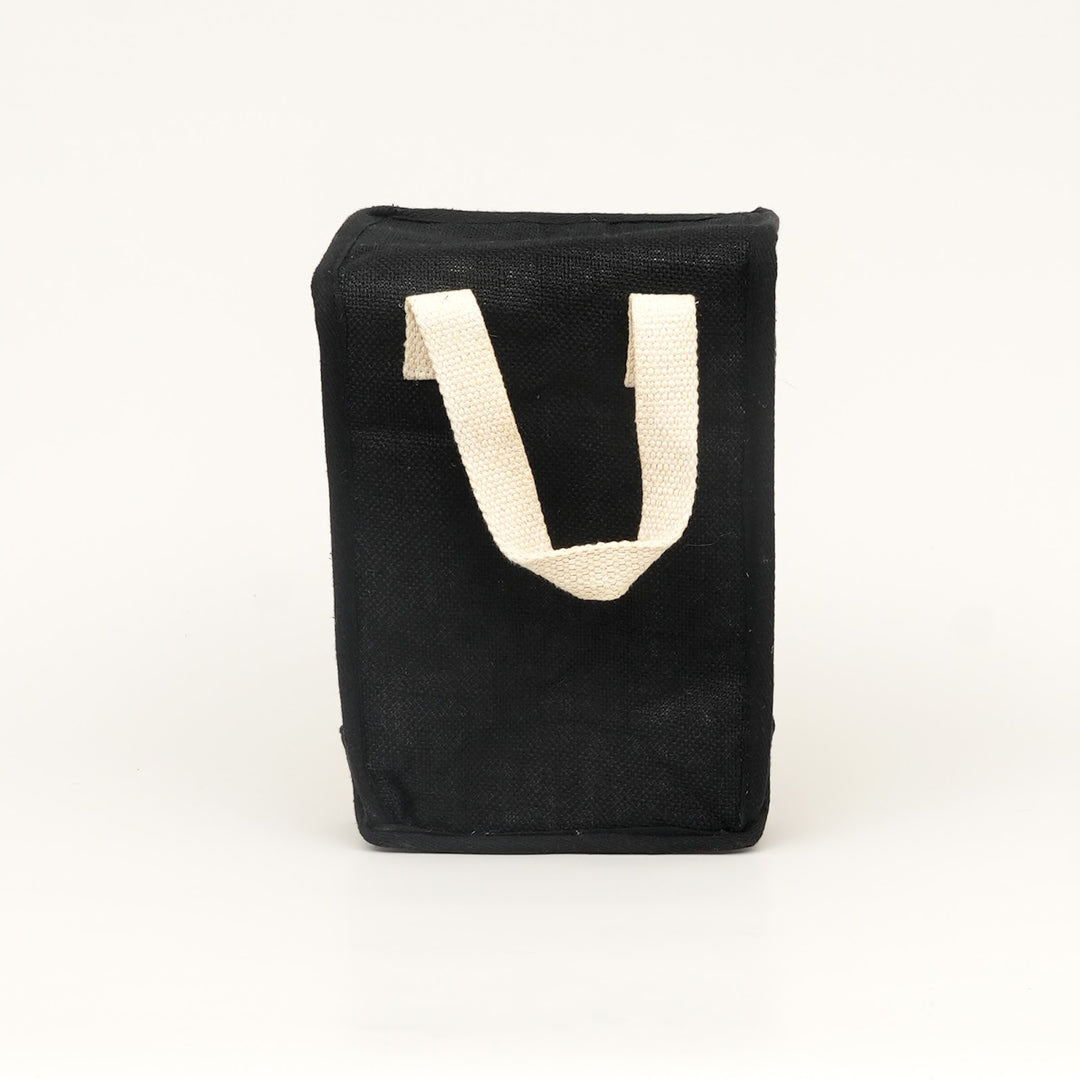 Insulated Jute Lunch Bag, Black with White Print, View 4