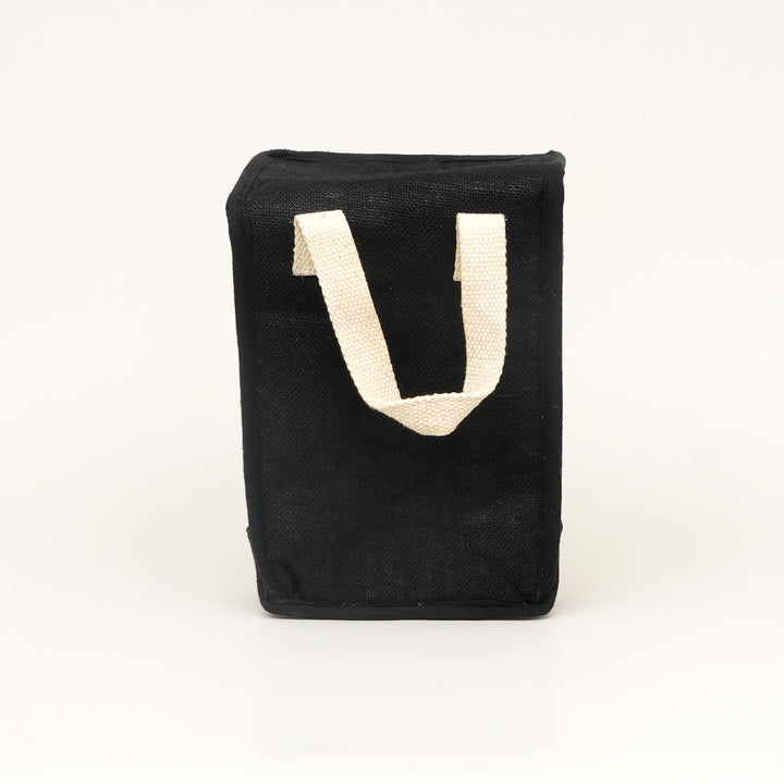 Insulated Jute Lunch Bag, Black with White Print, View 4