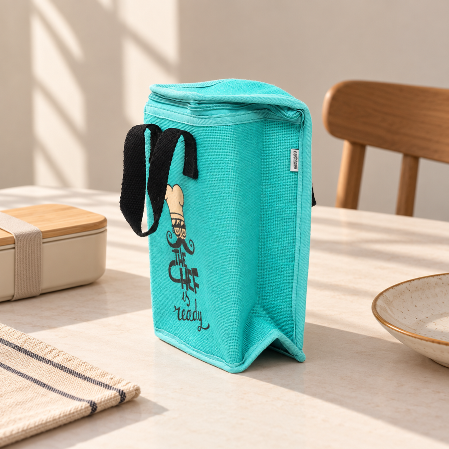 Insulated Jute Lunch Bag, Chef Print, View 6