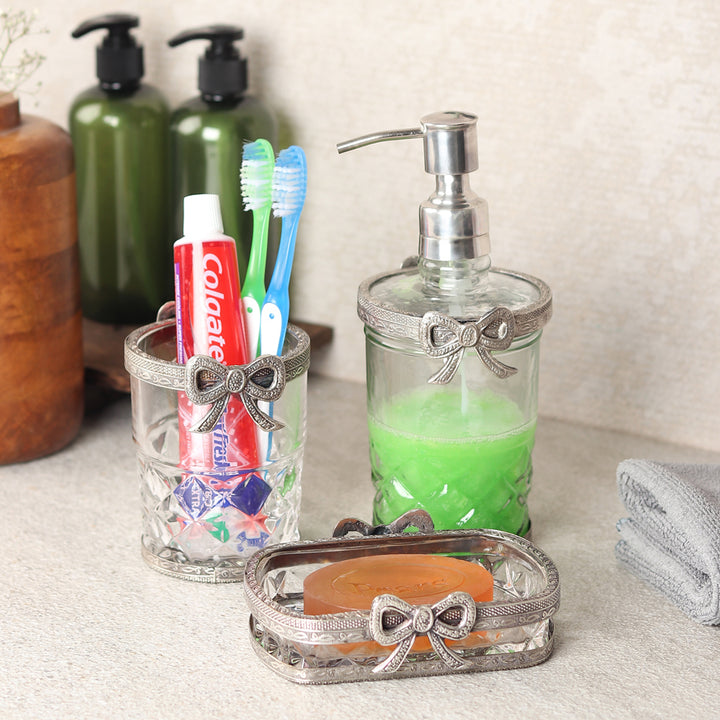 Expobazaar Bow-Tied Glass Bathroom Silver Set