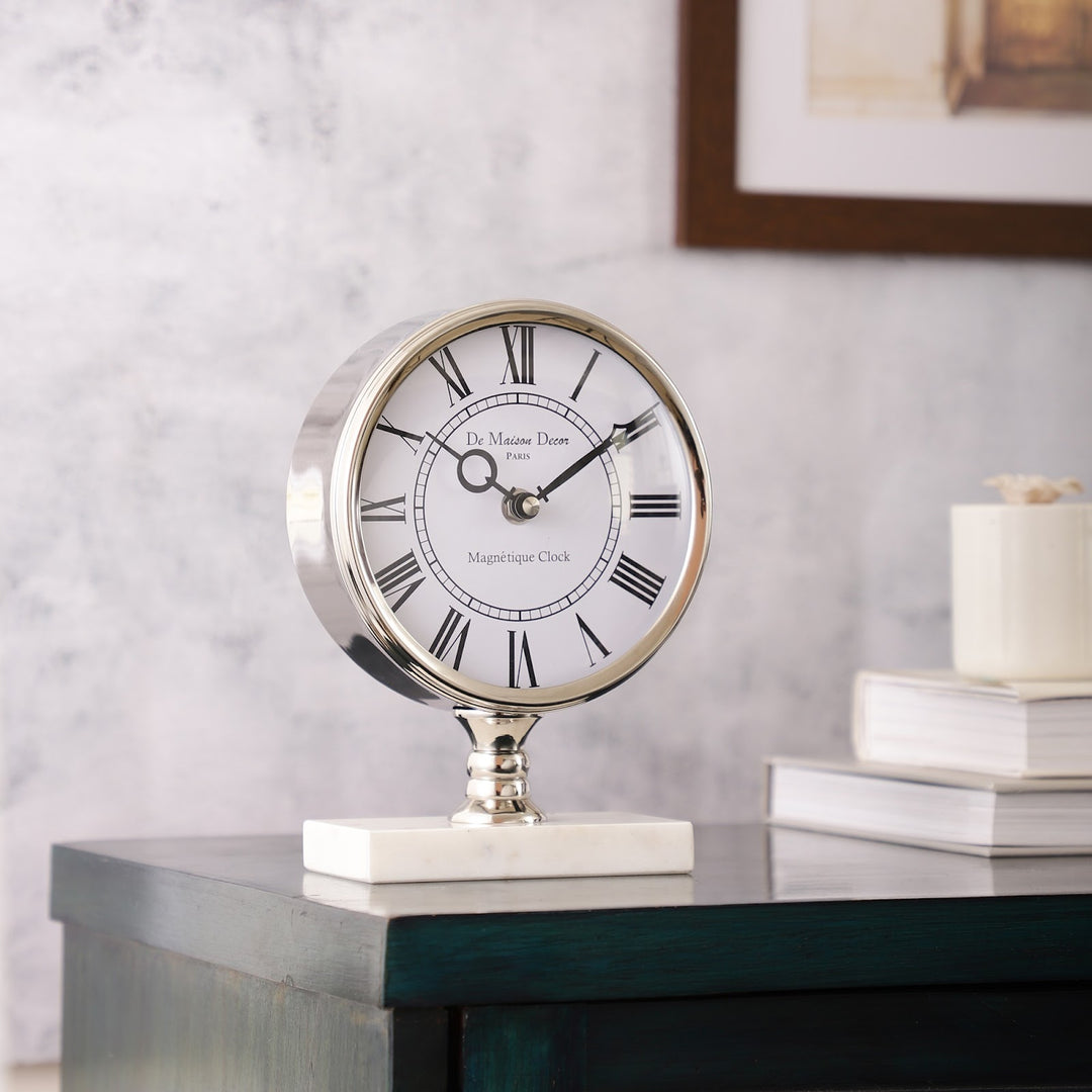 Expobazaar Seraphic Marble Timepiece In Silver Clock