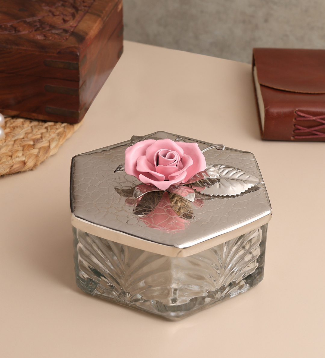 Petal Eclat Hexagon Trinket Box with Floral Bloom Accent Pink view 1