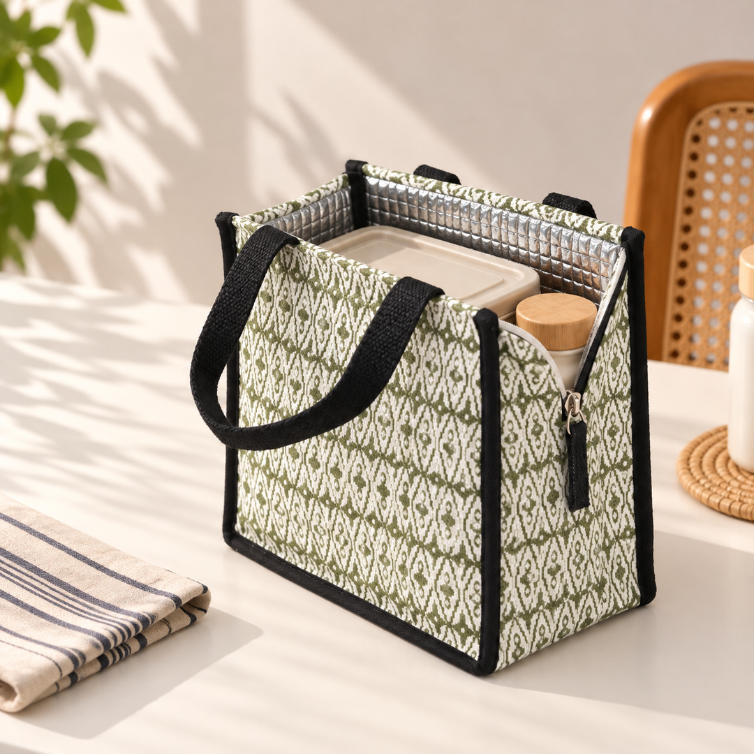 Express Jute Lunch Bag, Black and White Print, View 6