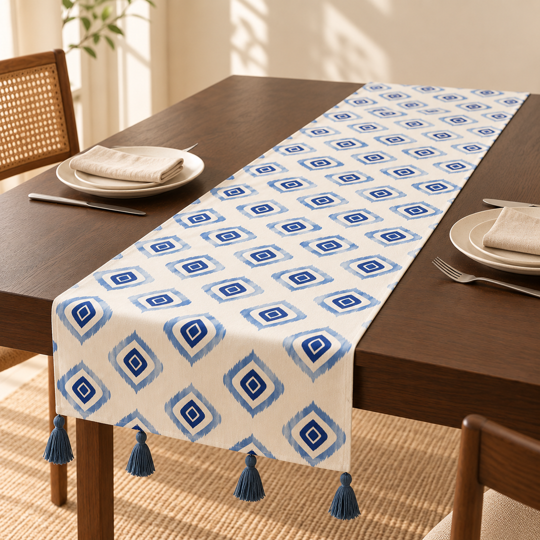 Blue Geometric Table Runner with Tassels