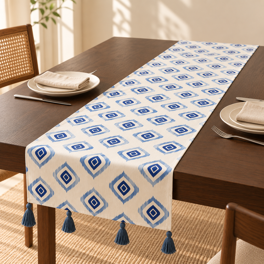 Blue Geometric Table Runner with Tassels