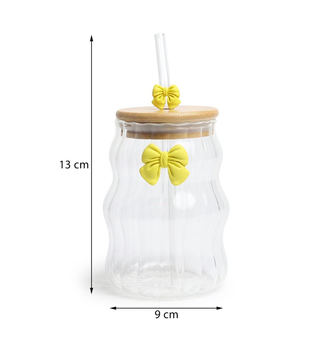 Taffy Wavy Glass Tumbler with Wooden Lid and Straw Yellow view 3