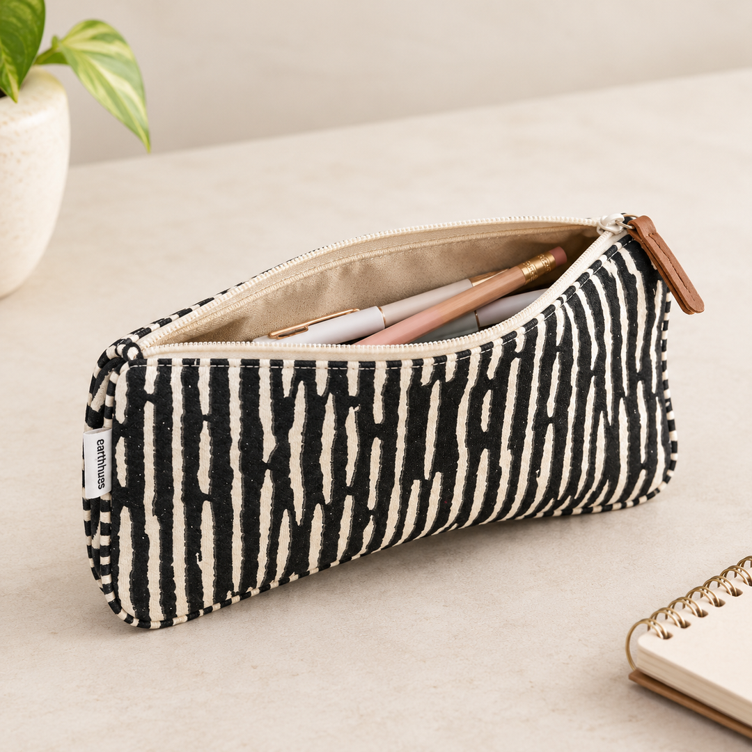 Black Stripe Print Canvas Zipper Pouch, View 6
