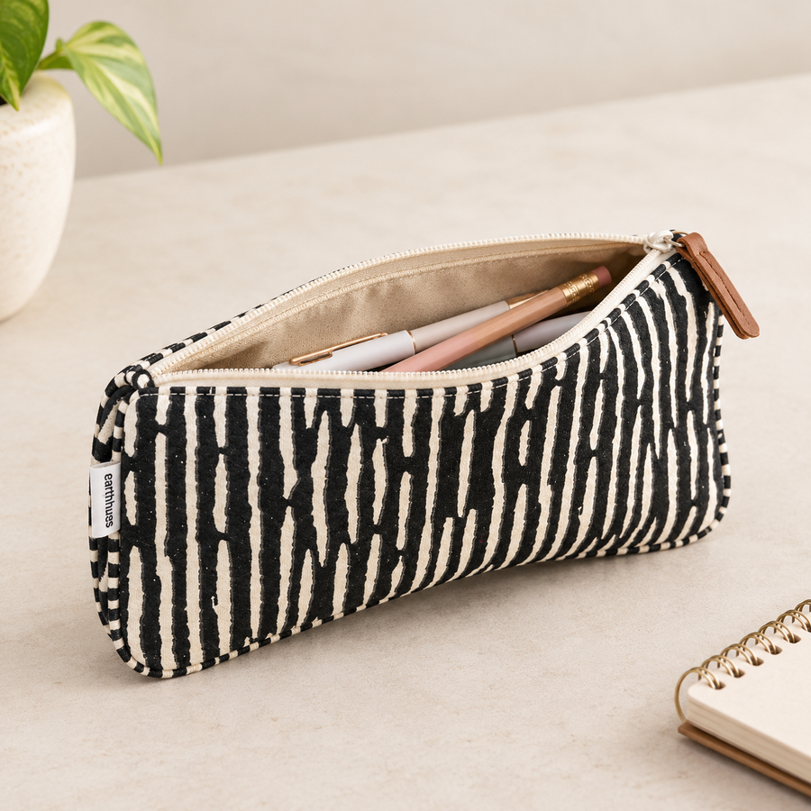 Black Stripe Print Canvas Zipper Pouch, View 6