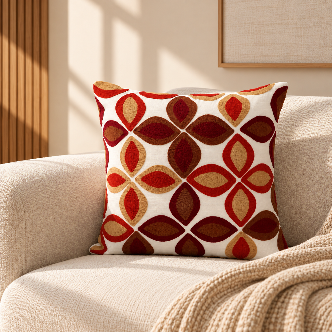Red Geometric Aari Embroidered Cushion Cover, View 4