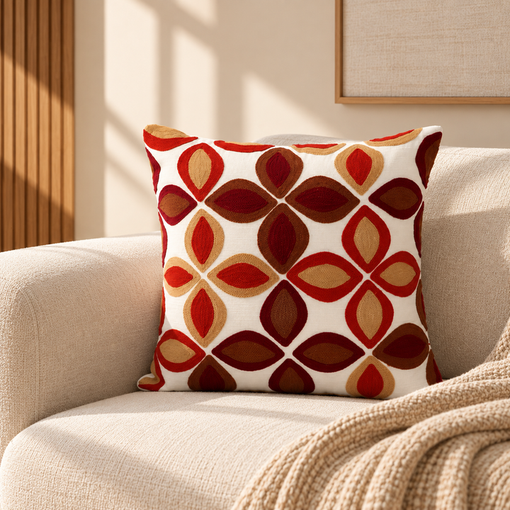 Red Geometric Aari Embroidered Cushion Cover, View 4