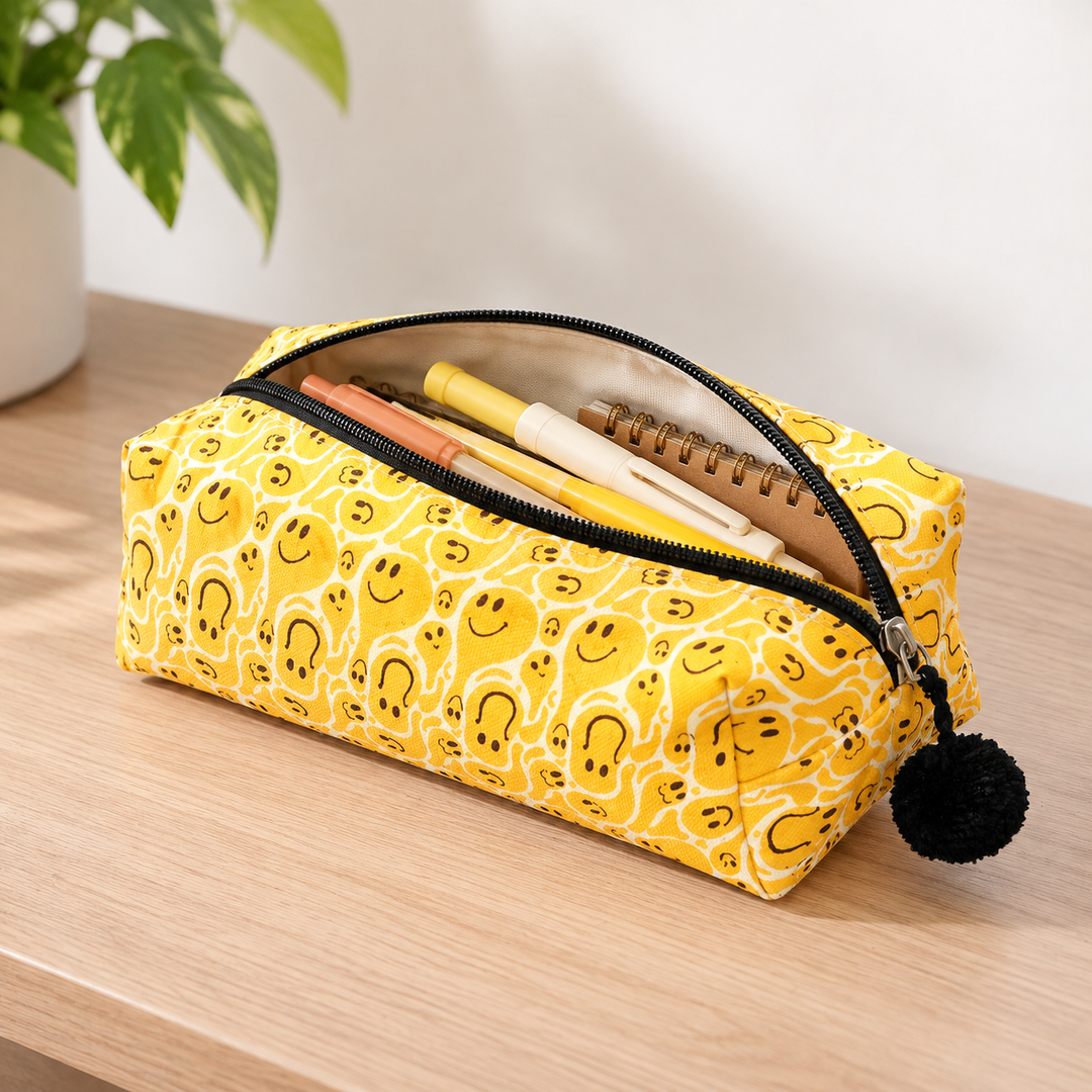 Yellow Swirl Print Fluffy Pouch with Pom Pom, View 5