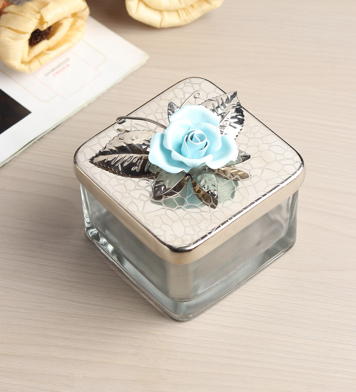 Petal Eclat Square Storage Box with Floral Bloom Accent Blue view 1