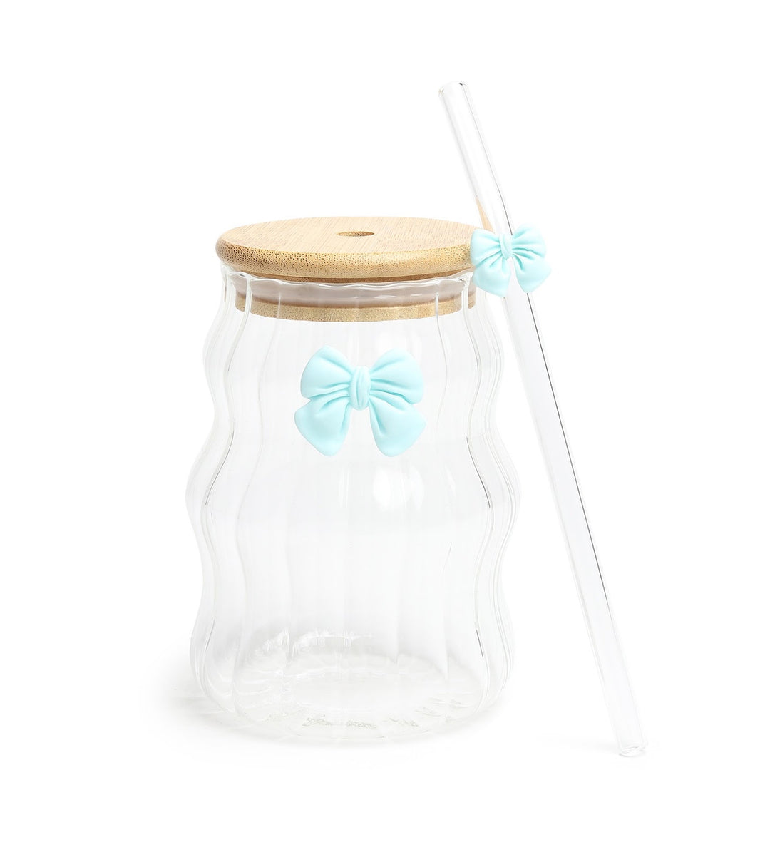 Taffy Wavy Glass Tumbler with Wooden Lid and Straw Blue view 6