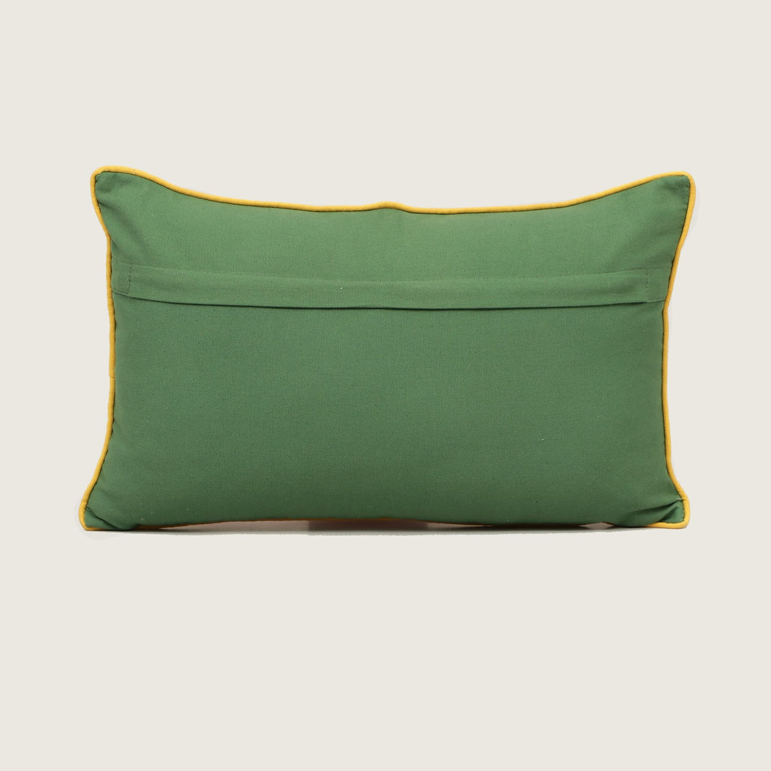 Merci Print Cotton Lumbar Cushion in orange and green print