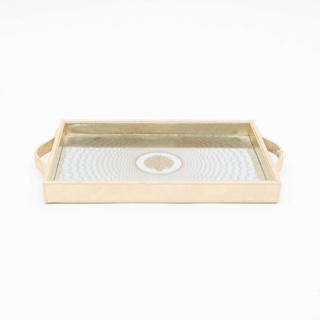 White Tray with Circular Patterns & Gold Prints for Elegant Display