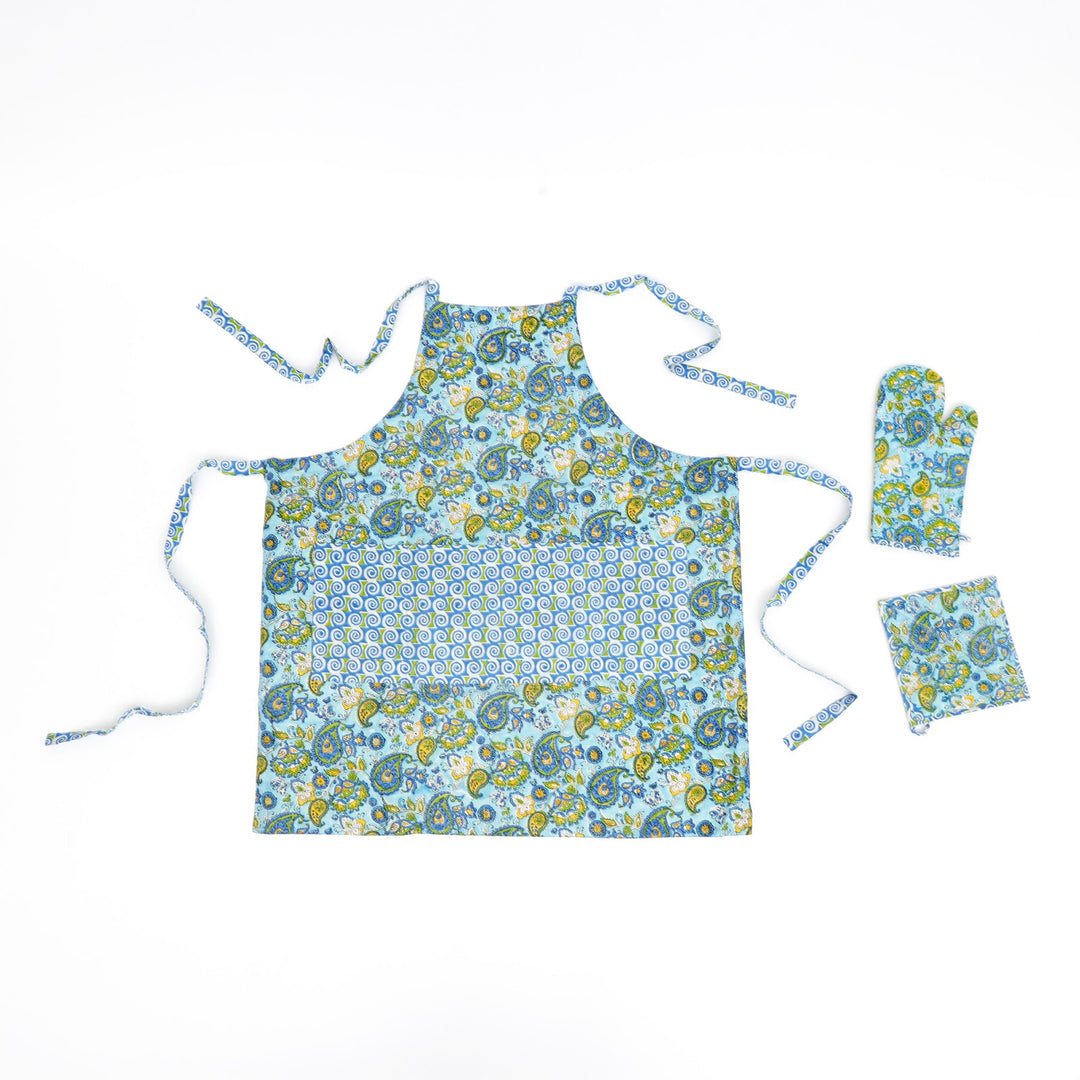 Hand Block Cotton Kitchen Apron Set, Paisley Blue