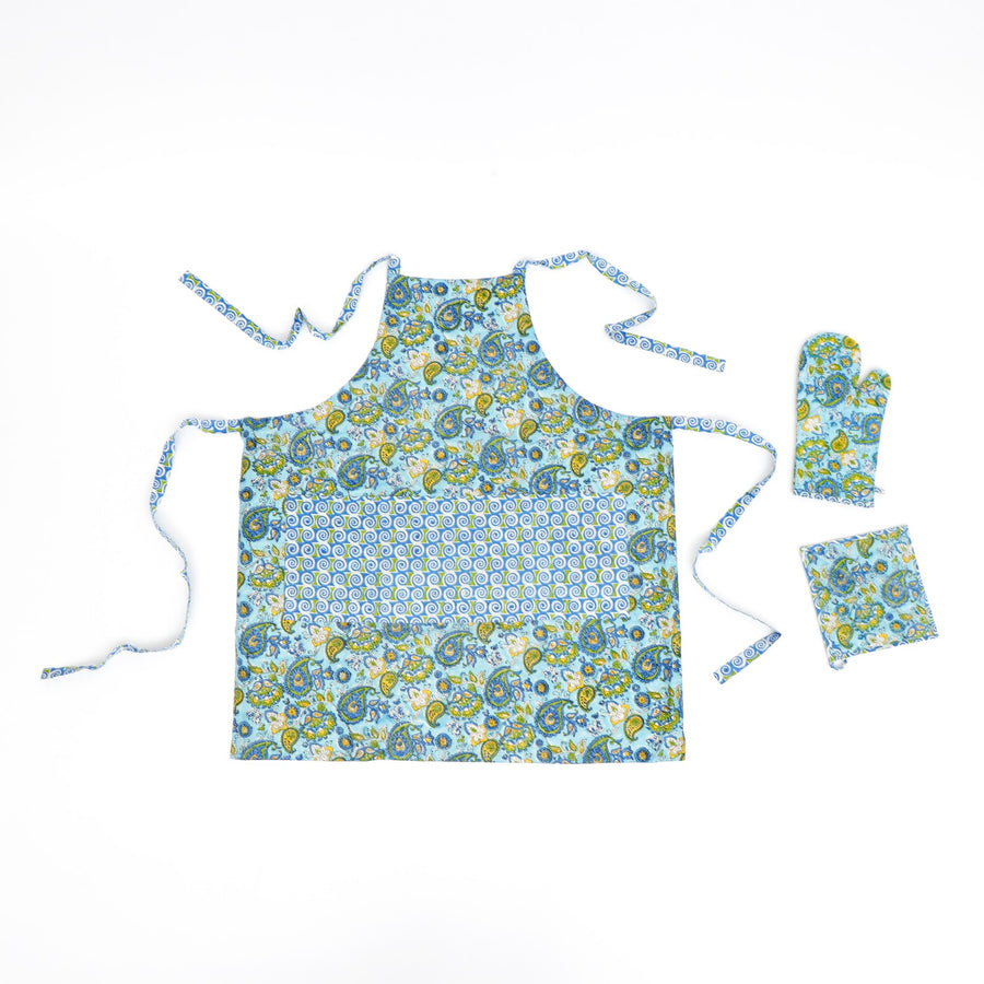 Hand Block Cotton Kitchen Apron Set, Paisley Blue